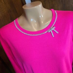 Lilly Pulitzer Womens Morgen Sweater Hot Pink Large Rhinestone Bow NWT